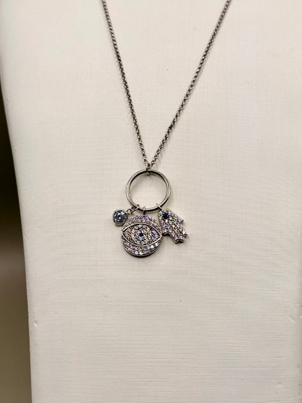 Silver Evil Eye Hamsa Charm Necklace Crystal Pave